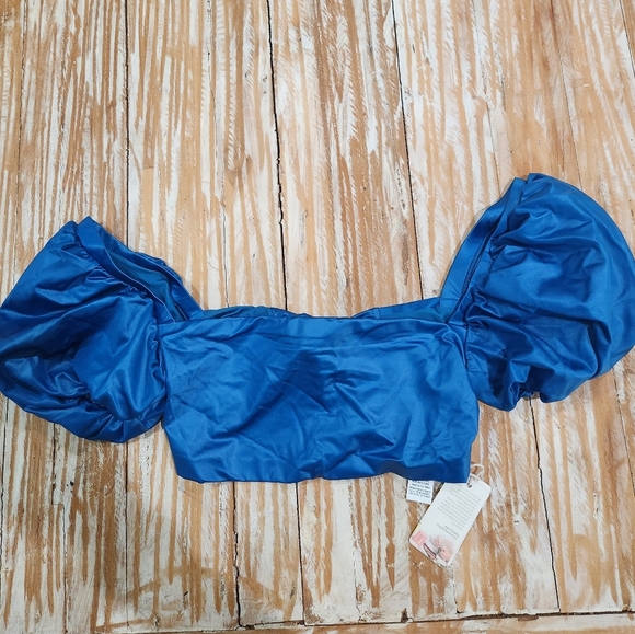 NWT Agua Bendita Calista Blue Shimmer Puff-Sleeve Bikini‎ Crop Top 3XL - Picture 3 of 5